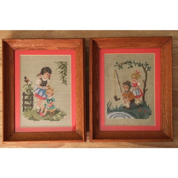 Vintage Pair of Needlepoint Boy & Girl Children Framed Completed  8.5" x 11.5" - Picture 1 of 7